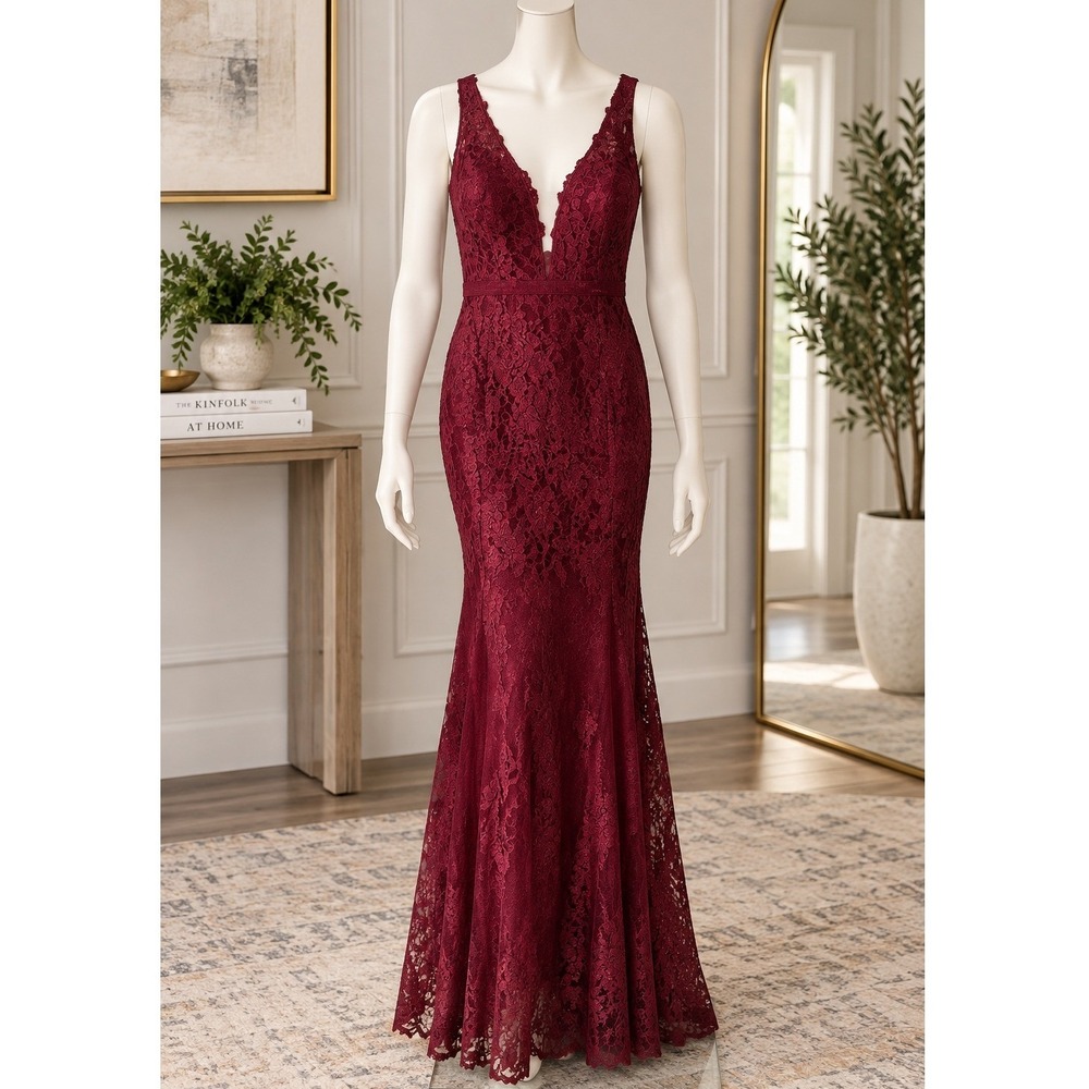 Maniju Dark Red Burgundy Lace Evening Gown Prom Formal Floor Length S